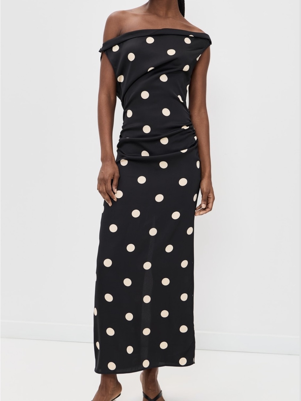 Lioness Black Satin Polka Dot Slip Dress with Ivory Dots - Picture 3 of 3